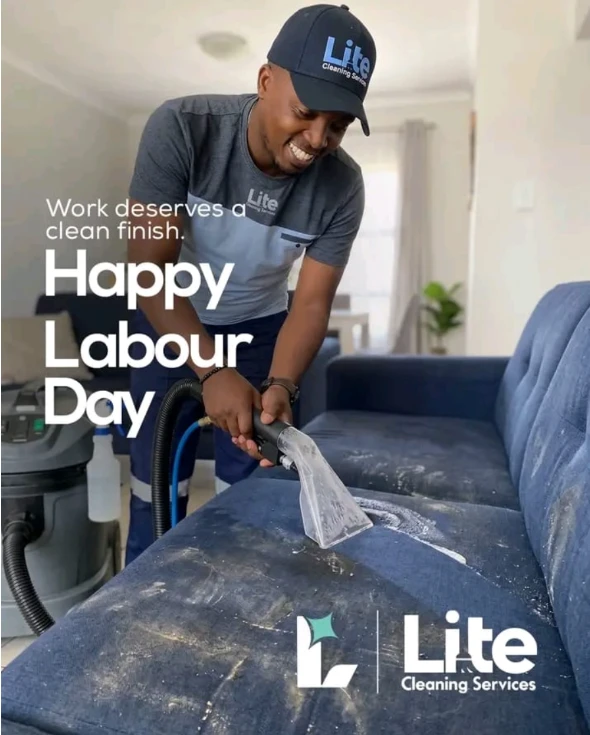 A Lite Cleaning Services technician deep-cleaning a couch in Kampala